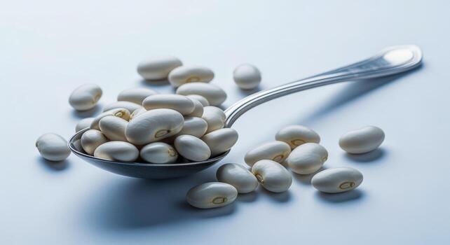 Cannellini Beans on a Spoon Displaying Dry White Beans on White Background for Food Photography photo