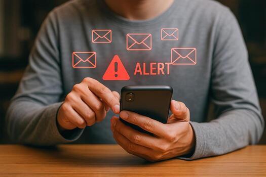 Alert Notification on Smartphone Display with Man Holding Device, Receiving Urgent Message photo