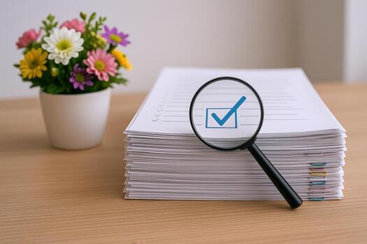 Completed Documents with Magnifying Glass Illustrating Accuracy and Verification on an Office Desk photo