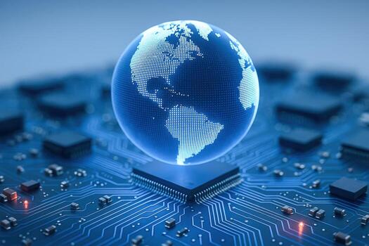 Global Technology Network Digital Earth on Integrated Circuit Board, Illustrating Connectivity and Global Communication photo