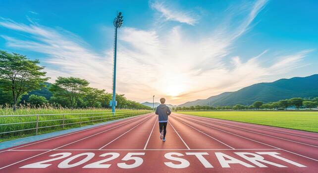 Runner on Track Towards 2025 Start Line, Symbolizing Ambition and Goals in the New Year photo