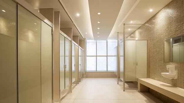 Modern Public Restroom Interior with Multiple Stalls, Tiled Walls, and Bright Lighting for Commercial Use photo