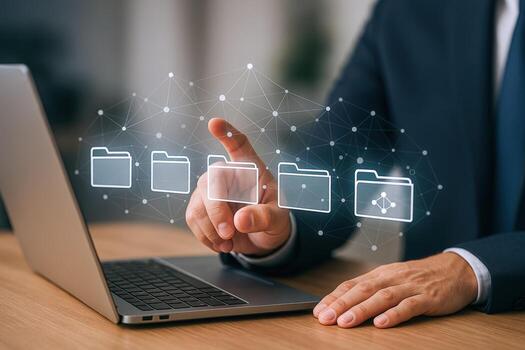 Businessman Managing Digital Files with Holographic Interface, Data Organization and Cloud Storage Concept on Laptop photo