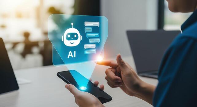 AI Chatbot Concept Man Interacting with Virtual Assistant on Smartphone, Futuristic Technology Interface photo