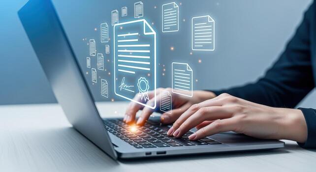 Digital Document Management Woman Typing on Laptop with Electronic File Icons, Business and Technology photo