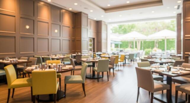 Elegant Restaurant Interior with Tables Set for Service, Inviting Atmosphere and Relaxing outdoor Patio View photo