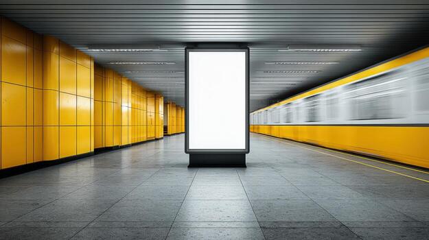 Blank Advertisement Billboard in Subway Station with Passing Train, Mockup for Marketing Campaign photo