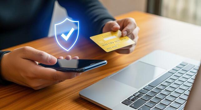 Secure Online Payment with Mobile Phone and Credit Card, Digital Shield with Tick, Fraud Prevention photo