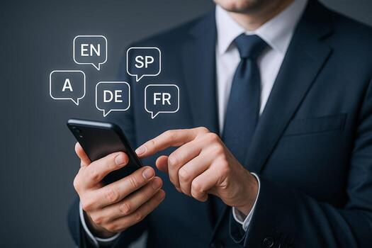 Man Using Mobile Translation App with Language Options for Global Communication and Business photo