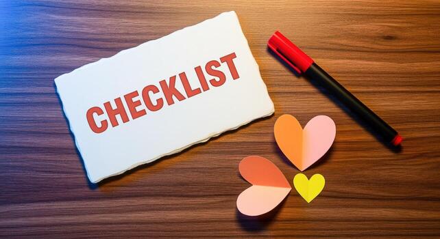 Checklist Note with Hearts and Marker on Wooden Background for Planning and Organization Concepts photo
