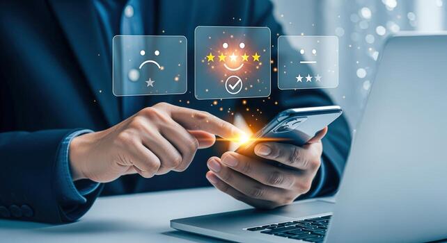 Customer feedback via smartphone concept showcasing satisfaction, ratings, and user experience in digital interface photo