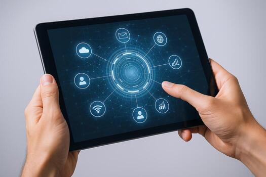 Hands Holding Tablet Displaying Digital Interface for Technology, Communication, and Data Visualization in Modern Business photo