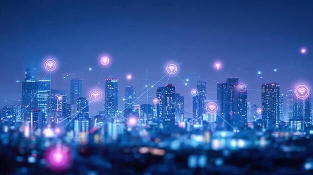 Futuristic Cityscape with Glowing Network Connections and Modern Architecture at Night, Representing Technological Progress photo