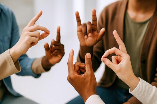 Diverse Group Learning Sign Language Together in a Bright, Inclusive Setting for Communication and Connection photo