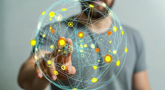 Global Network Visualization Man Touching Abstract Digital Sphere, Representing Connectivity and Modern Technology photo