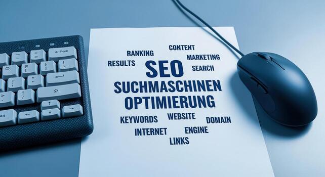 SEO Optimization Strategy Composition Keyboard, Mouse, and Word Cloud Illustrating Search Engine Marketing Techniques photo