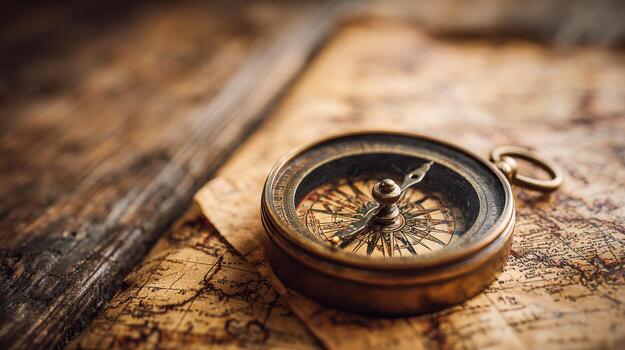 Antique Compass on World Map Depicting Travel, Exploration, and Navigation Concepts, Vintage Style photo