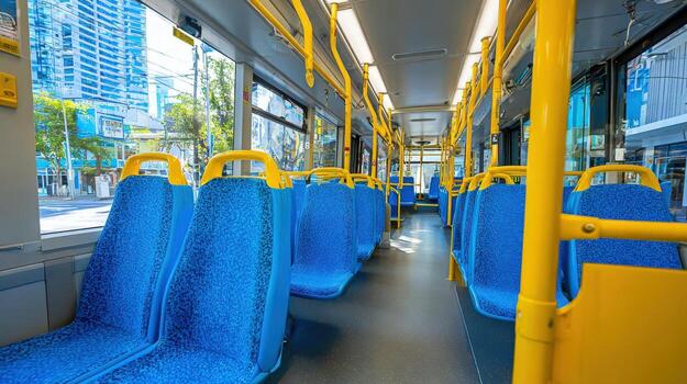 Inside View of a Modern City Bus with Blue Seats and Yellow Handrails photo
