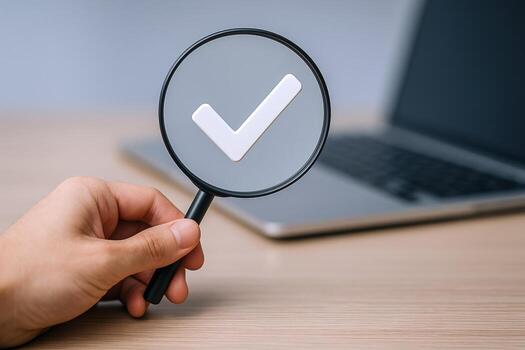 Magnifying Glass Over Checkmark Shows Approval, Completion, and Agreement, with Laptop Computer in Background photo