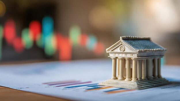 Miniature Bank Building on Financial Graph Representing Investment, Banking, and Stock Market Analysis photo