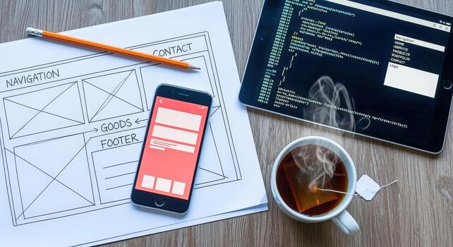 Website Design and Development Sketch, Mobile Phone, Tablet with Code, and Cup of Tea on Desk photo