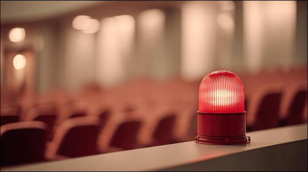 Emergency Alert in Auditorium Red Flashing Beacon Signals Evacuation Protocol for Safety Measures photo