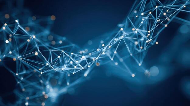 Abstract Network Connection Structure with Nodes and Lines Representing Data Flow in Dark Blue photo