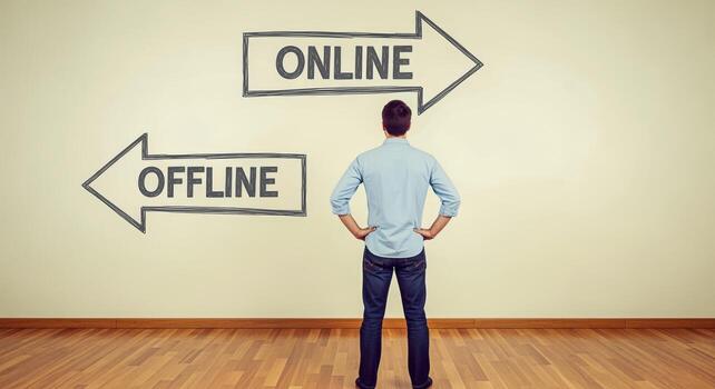Man Deciding Between Online and Offline Choices Displayed with Arrow Signs on a White Wall photo