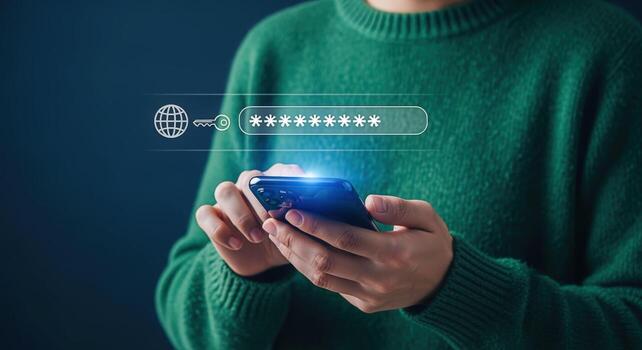 User Typing Password on Smartphone for Security and Authentication, Representing Mobile Data Protection photo