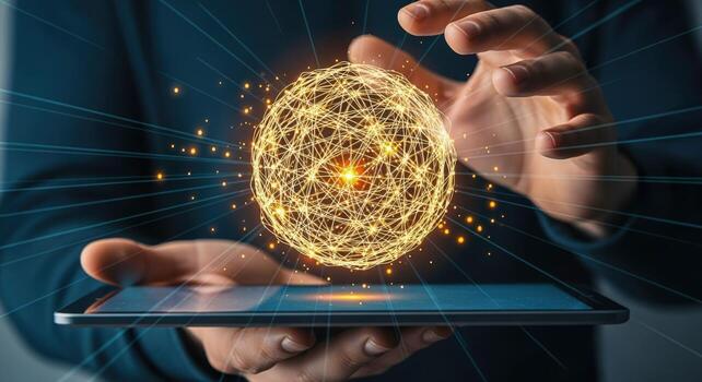 Digital Sphere Above Tablet Man Holds Glowing Data Network Connection, Illustrating Technology and Global Communication photo