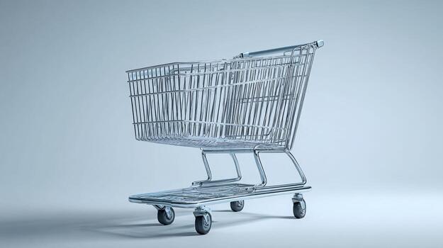 Empty Chrome Shopping Cart on White Backdrop Retail, Consumerism, and Purchasing Concept photo
