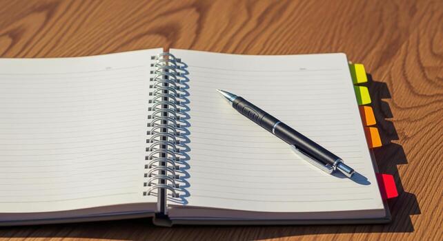 Open Notebook with Pen on Wooden Desk, Ready for Notes, Journaling, and Planning photo