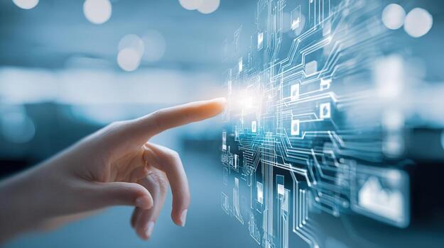 Finger Touching Virtual Interface Screen Displaying Circuit Board Visualization, Representing Future Technology and Digital Transformation photo