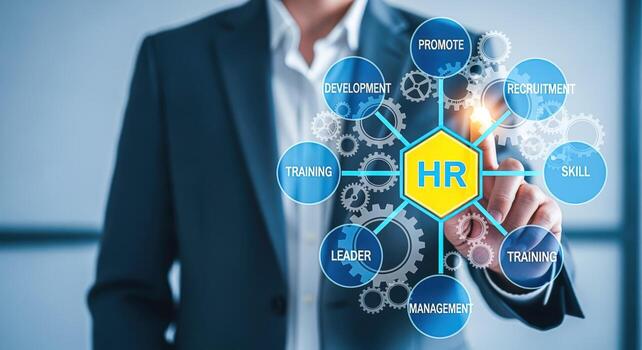 Human Resources Concept Businessman Interacting with HR Management Interface for Recruitment, Training, and Development photo