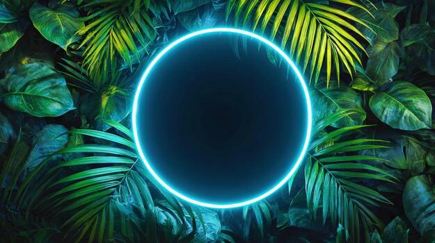 Lush Tropical Foliage with Glowing Circle Frame, Perfect for Product Placement and Modern Design photo