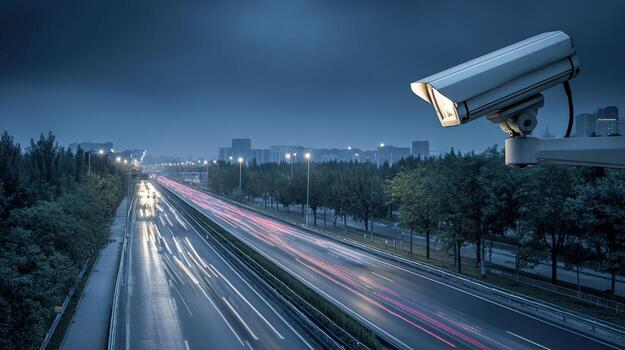 Security Camera Overlooking Highway at Night, Capturing Traffic and Ensuring Public Safety, Modern Surveillance System photo