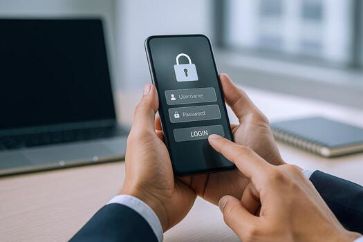 Smartphone Security Man Logging Into App with Password Protection on Mobile Device photo