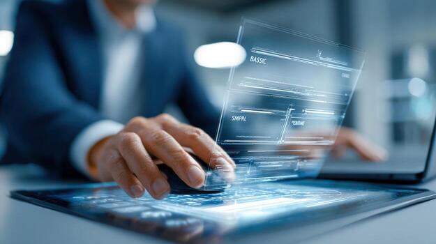 negocio profesional analizando datos en transparente digital monitor interfaz, optimizando estrategia y mejorando actuación foto