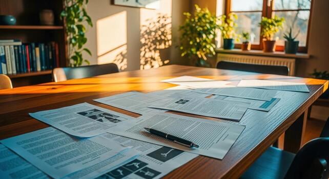 Papers and Pen on Wooden Table in a Brightly Lit Room with Bookshelf and Plants photo