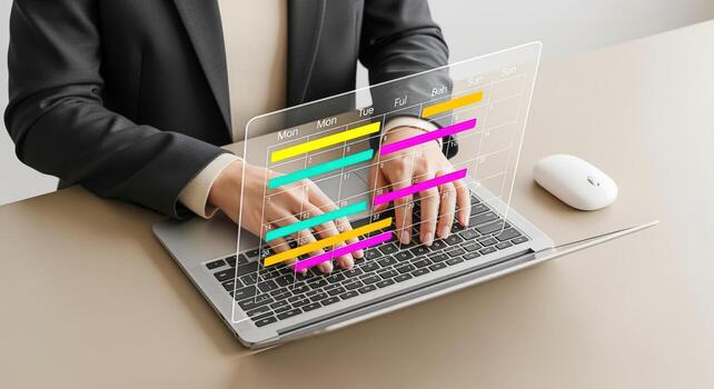 Project Management on Laptop with Digital Interface Displaying Gantt Chart and Timeline for Business Planning photo