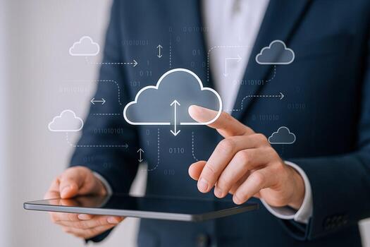 Cloud Computing Concept Man Interacting with Digital Cloud Interface on Tablet, Representing Modern Technology photo