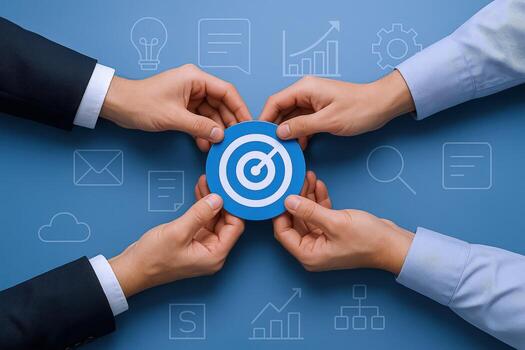 Collaborative Business Strategy Four Hands Holding a Target Symbol Representing Goals, Objectives and Teamwork on Blue Background photo