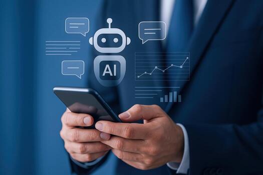 Artificial Intelligence Chatbot Concept Businessman Using Mobile Phone with AI Chat Interface for Business Solutions photo