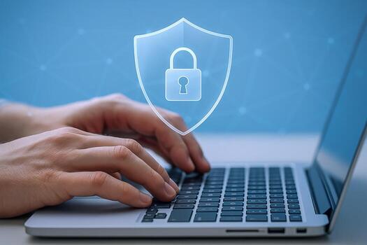 Cybersecurity Concept Person Typing on Laptop with Security Shield and Lock Overlay for Data Protection photo