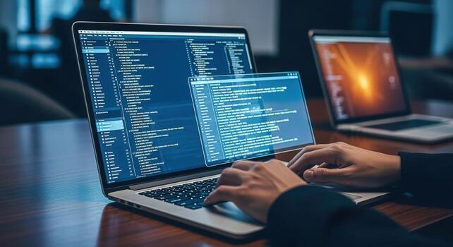 Software Developer Coding on Laptop Modern Technology, Programming, and Cybersecurity Solutions in Workplace photo