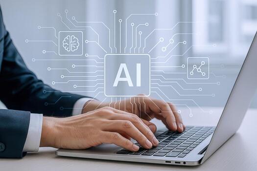 Business Professional Using Laptop with AI Overlay, Demonstrating Technology Integration and Innovation in Modern Workflow photo