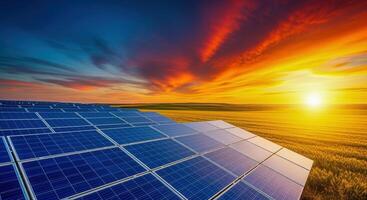solar panel granja a puesta de sol renovable energía, sostenible tecnología, y limpiar poder Generacion foto