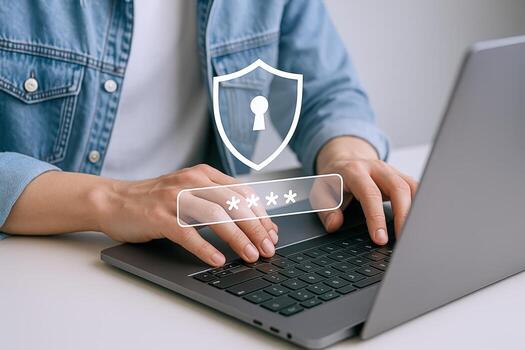 Secure Data Entry Person Typing Password on Laptop with Security Shield Overlay for Protection photo
