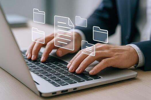 Data Management System on Laptop Person Entering Information with Digital Folders Graphic photo