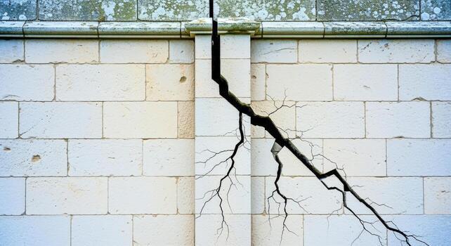 Cracked Stone Wall Illustrating Structural Damage, Decay, and the Passage of Time in Architecture photo
